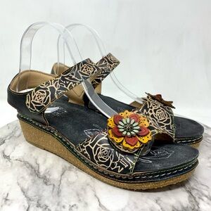L'Artiste By Spring Step Cuteness Rosette Leather Wedge Comfort Sandals 40/9